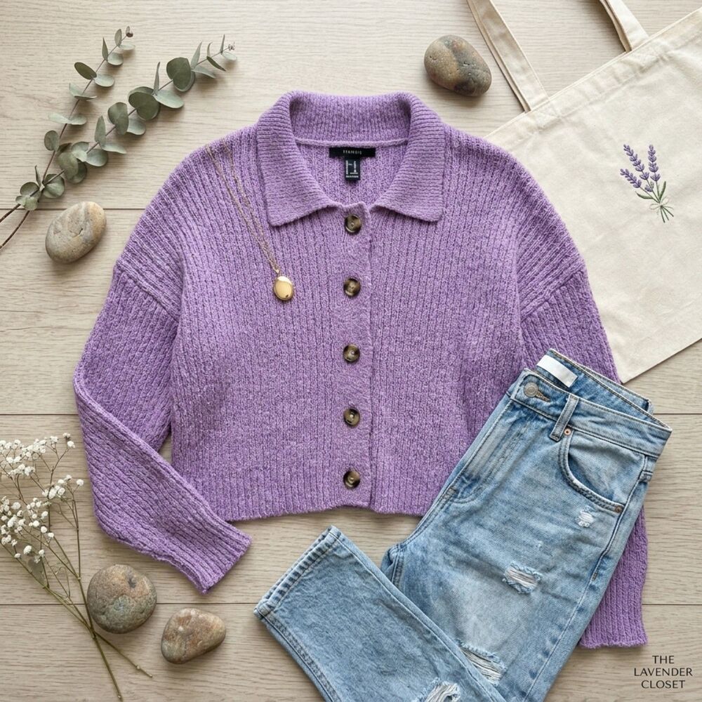 Lavender Chunky Knit Cardigan Forever 21 M Cropped Collar Preppy Fall Indie
